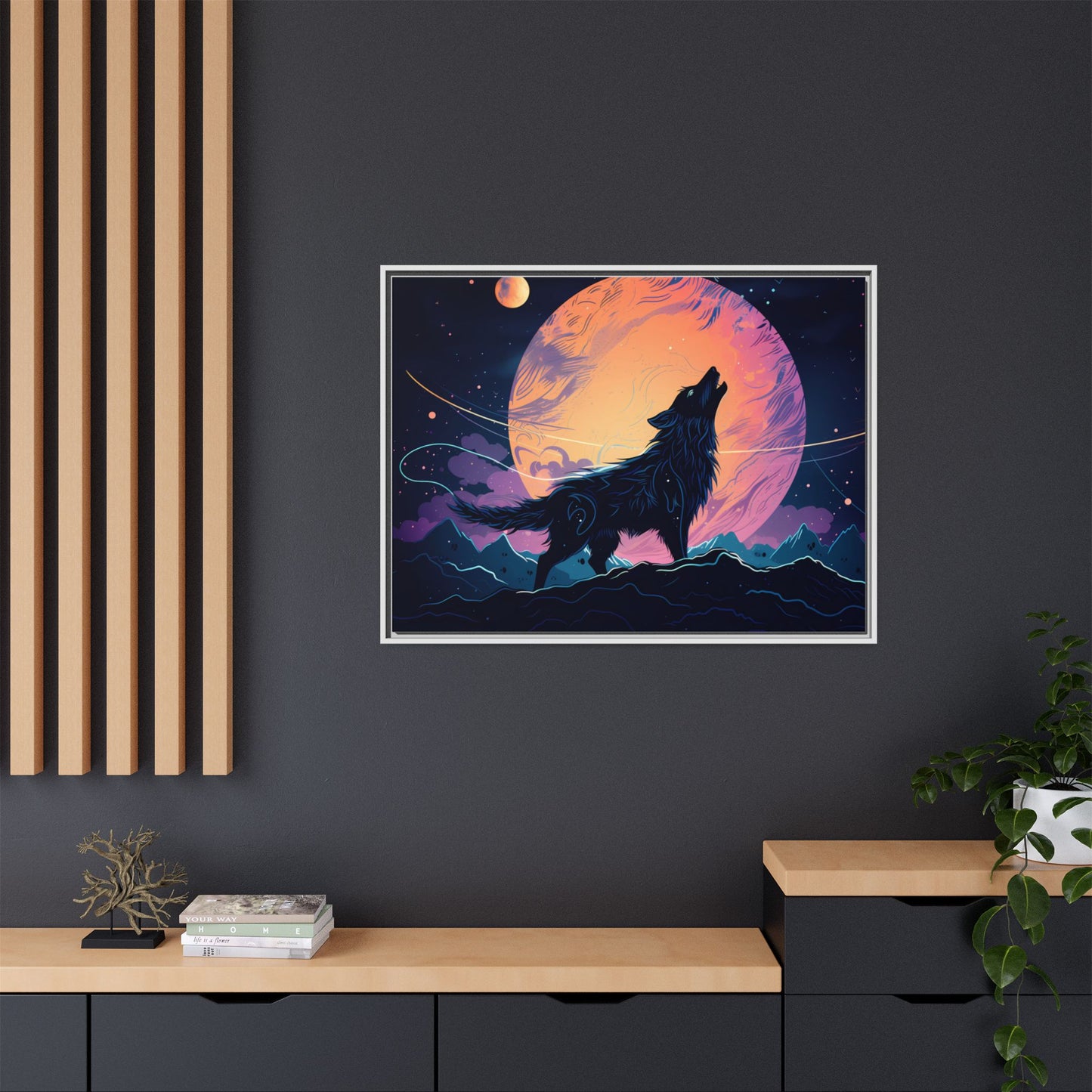 Wolf Howling at the Moon Canvas Art - Colorful Framed Wall Decor