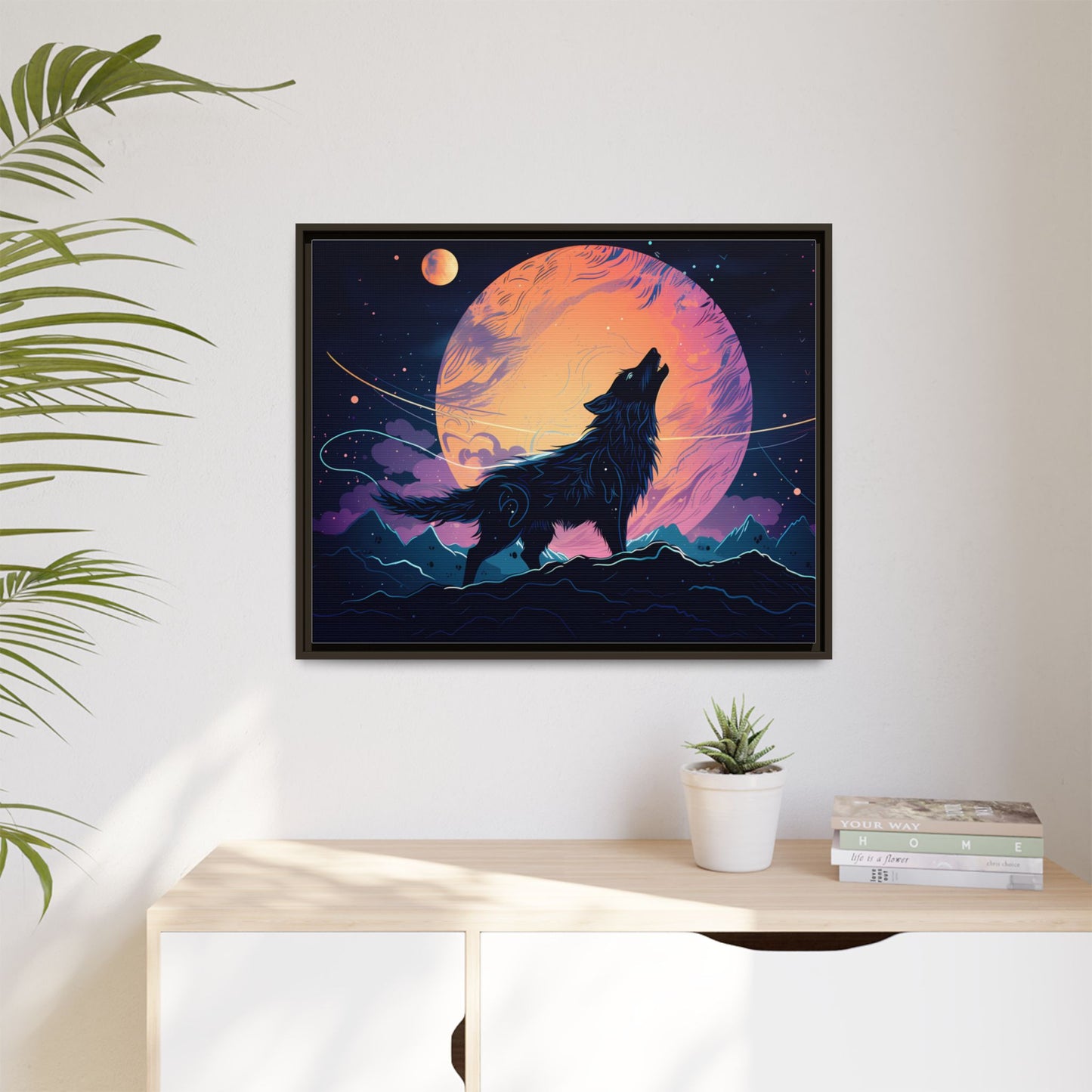 Wolf Howling at the Moon Canvas Art - Colorful Framed Wall Decor