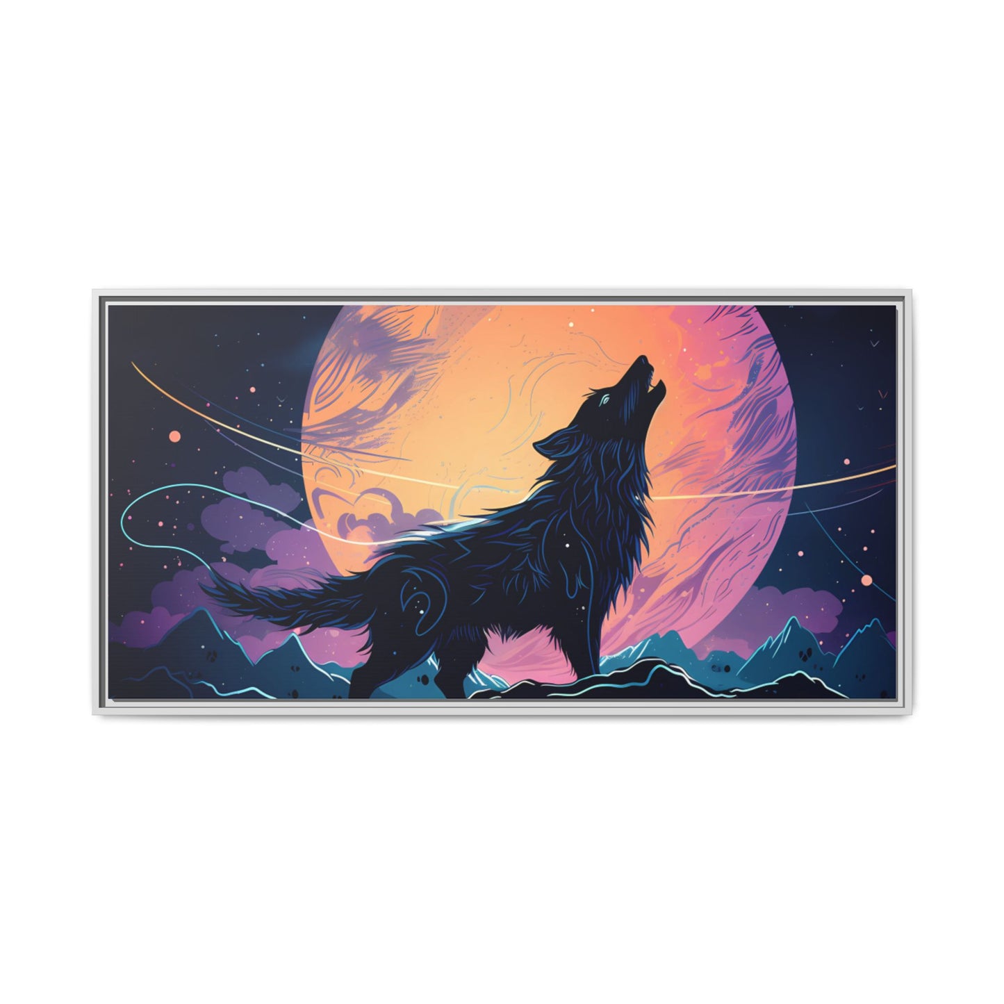 Wolf Howling at the Moon Canvas Art - Colorful Framed Wall Decor