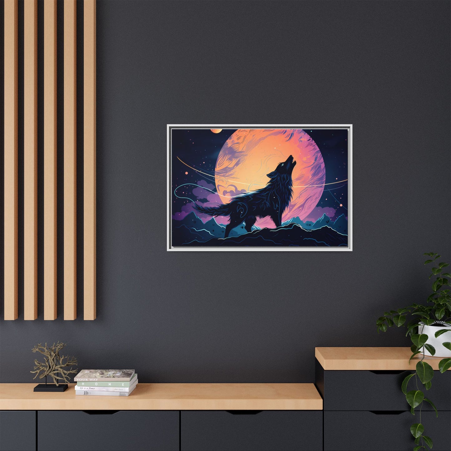 Wolf Howling at the Moon Canvas Art - Colorful Framed Wall Decor