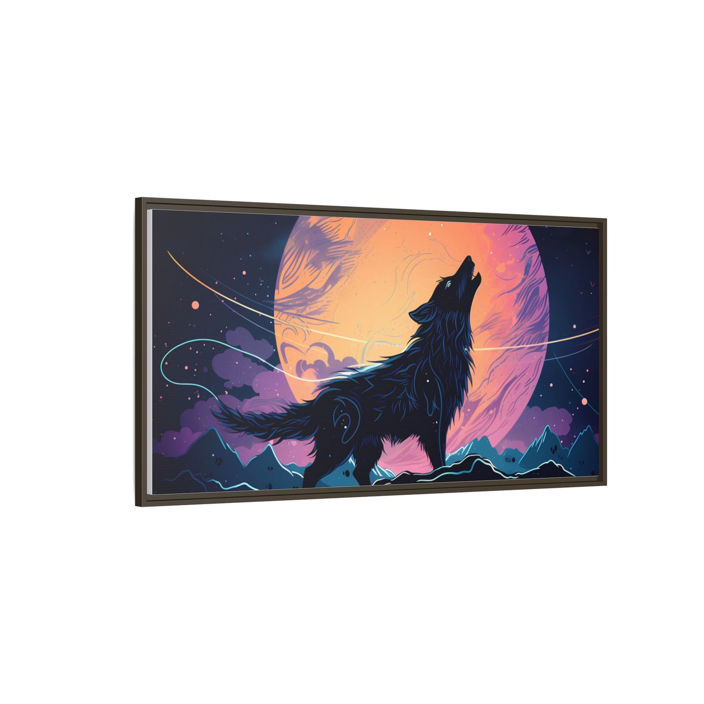 Wolf Howling at the Moon Canvas Art - Colorful Framed Wall Decor