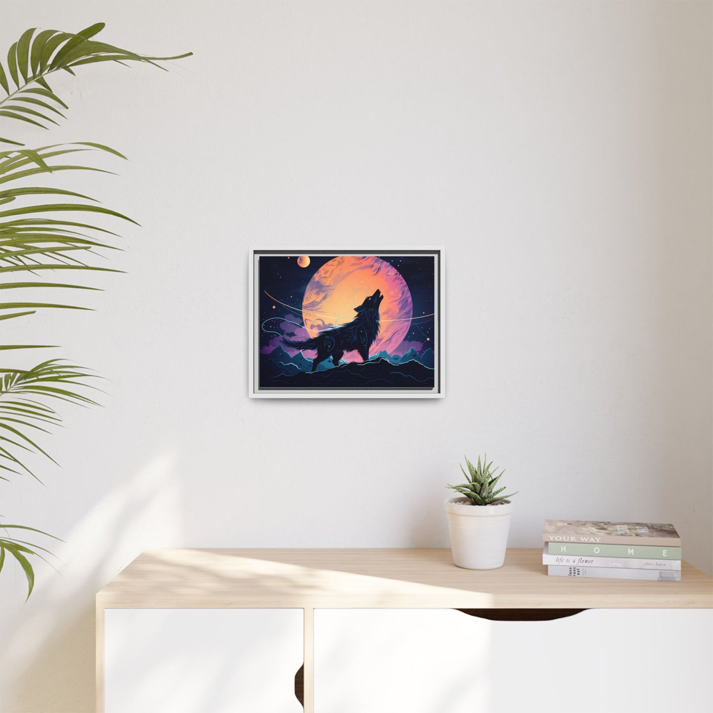 Wolf Howling at the Moon Canvas Art - Colorful Framed Wall Decor