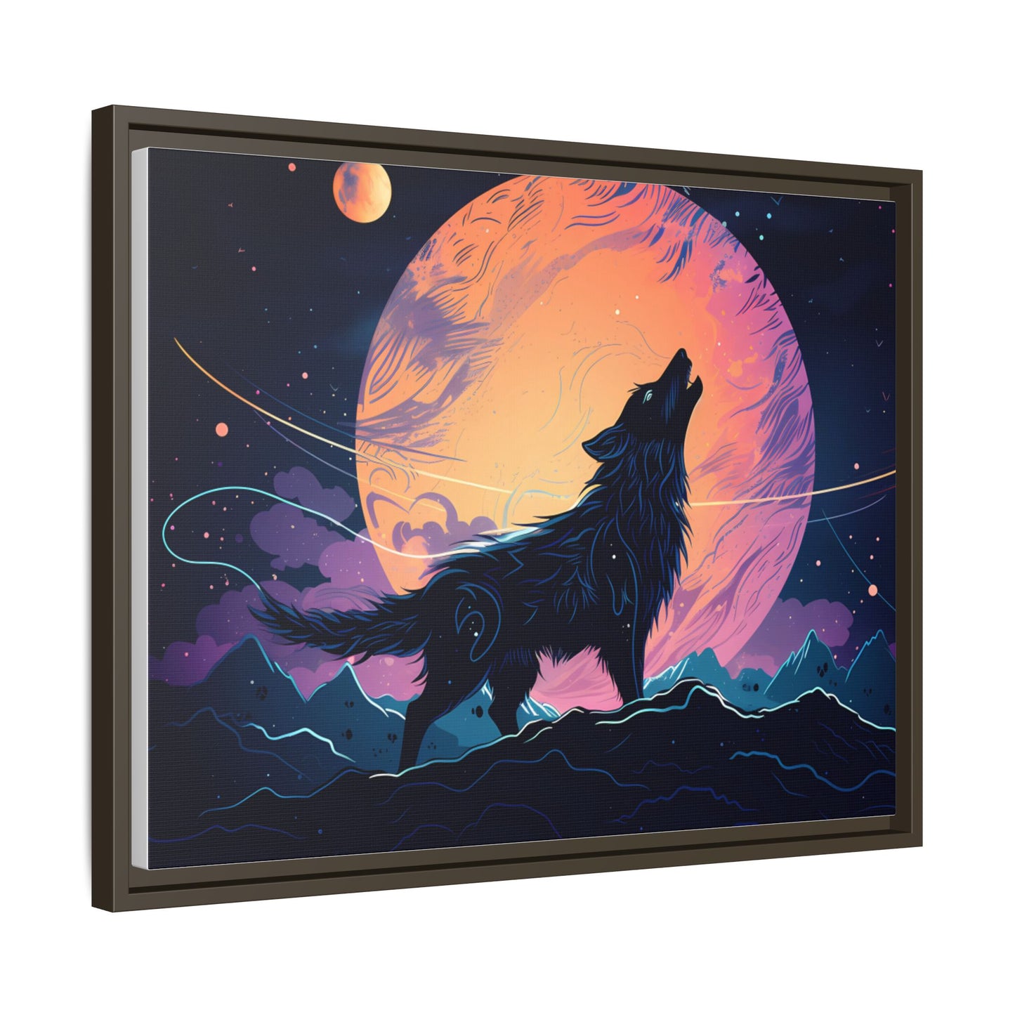 Wolf Howling at the Moon Canvas Art - Colorful Framed Wall Decor