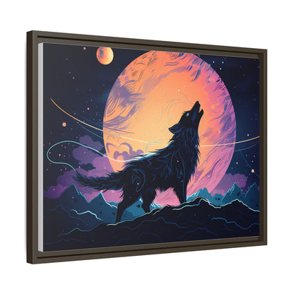 Wolf Howling at the Moon Canvas Art - Colorful Framed Wall Decor