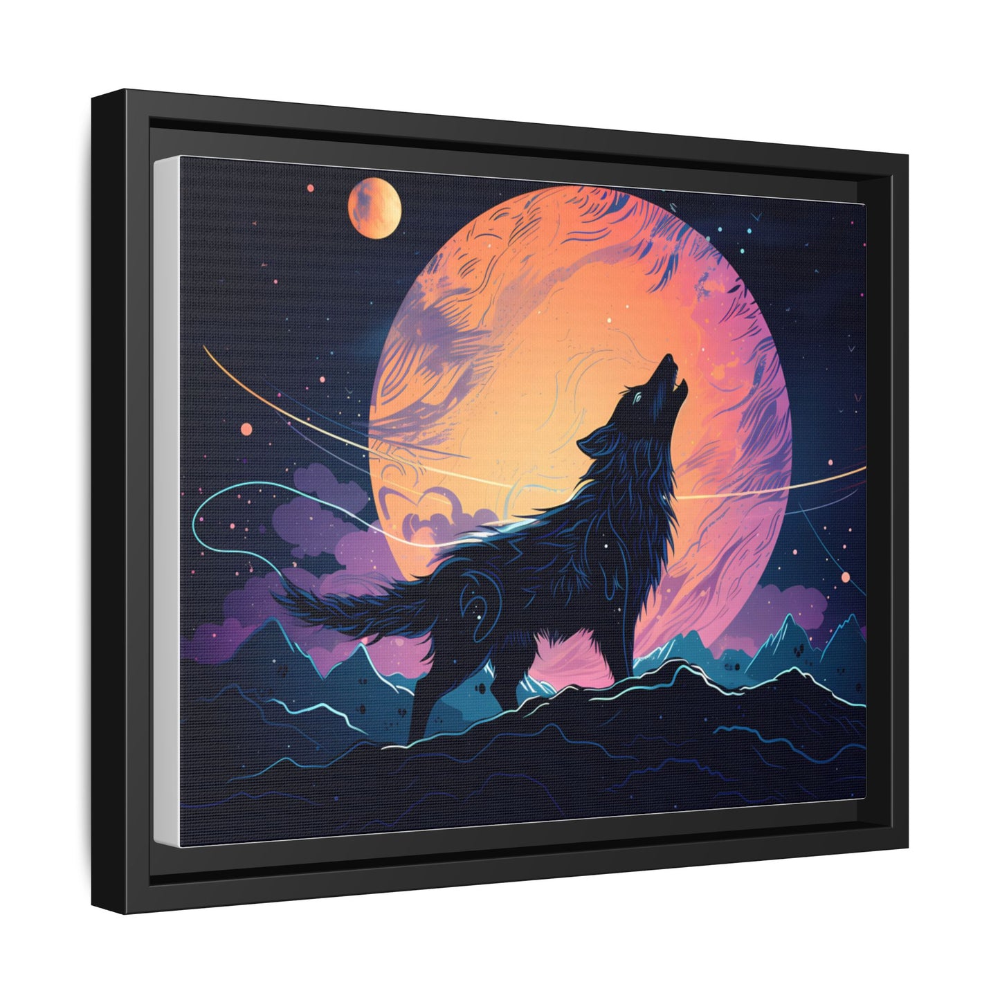 Wolf Howling at the Moon Canvas Art - Colorful Framed Wall Decor