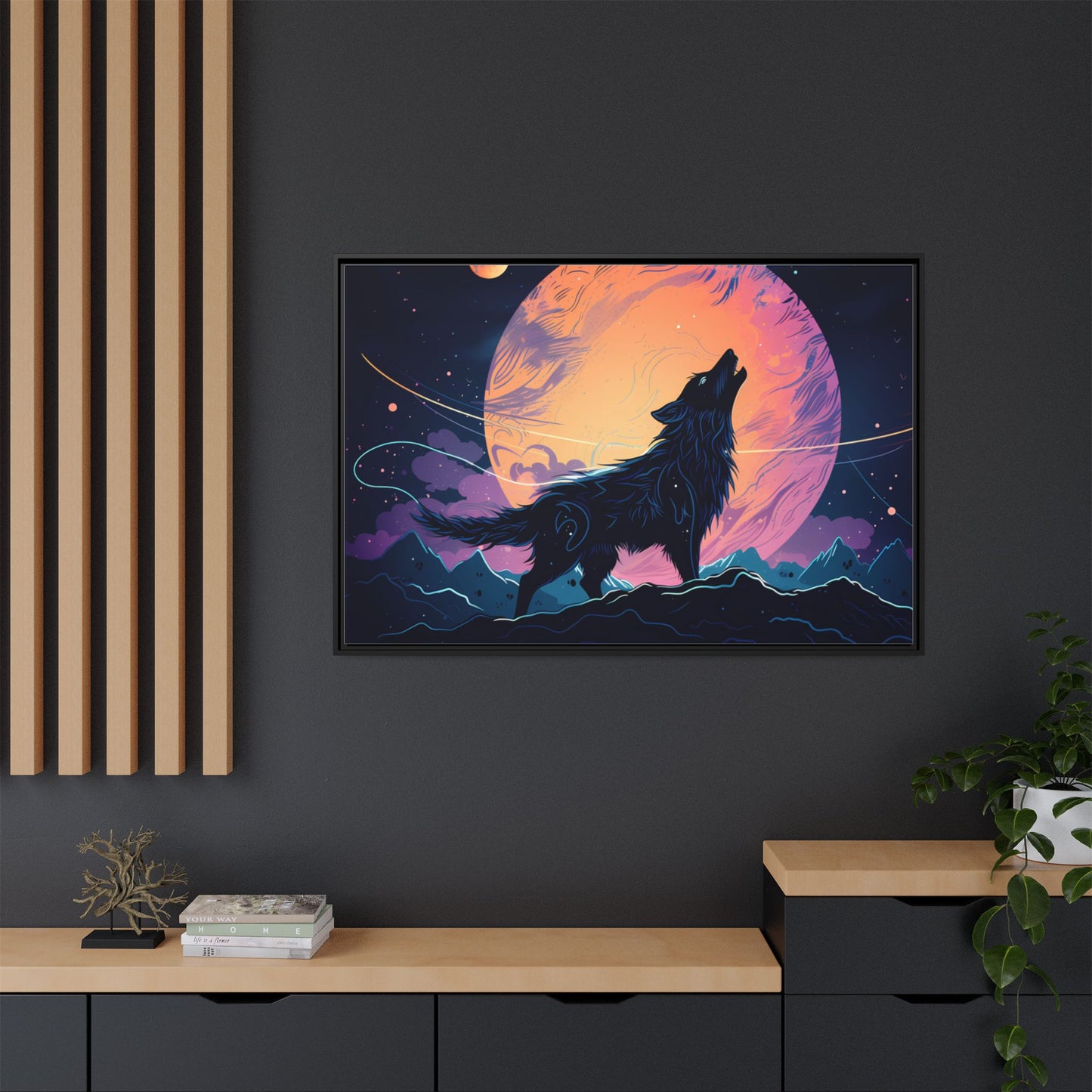 Wolf Howling at the Moon Canvas Art - Colorful Framed Wall Decor