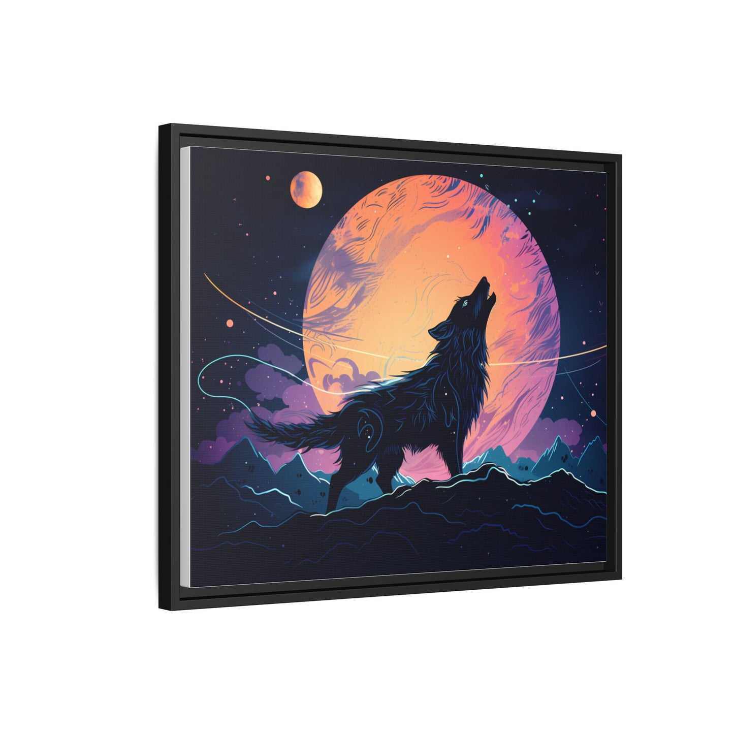 Wolf Howling at the Moon Canvas Art - Colorful Framed Wall Decor