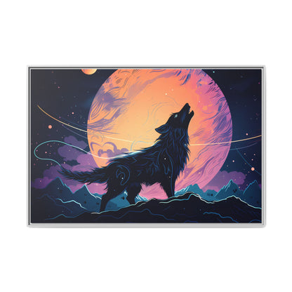 Wolf Howling at the Moon Canvas Art - Colorful Framed Wall Decor