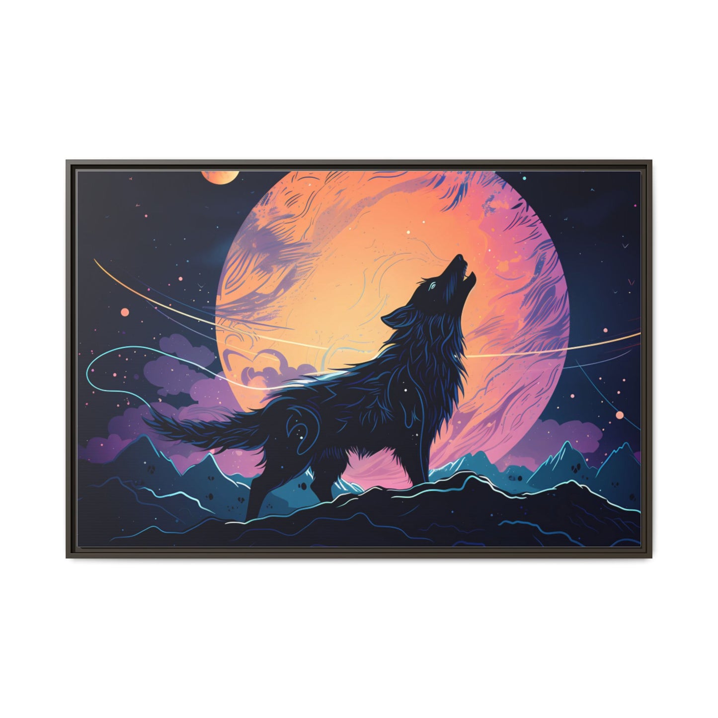 Wolf Howling at the Moon Canvas Art - Colorful Framed Wall Decor