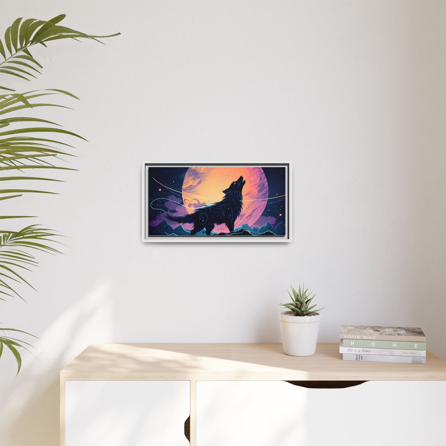 Wolf Howling at the Moon Canvas Art - Colorful Framed Wall Decor