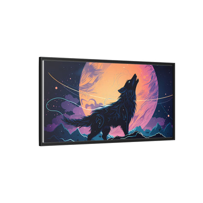 Wolf Howling at the Moon Canvas Art - Colorful Framed Wall Decor