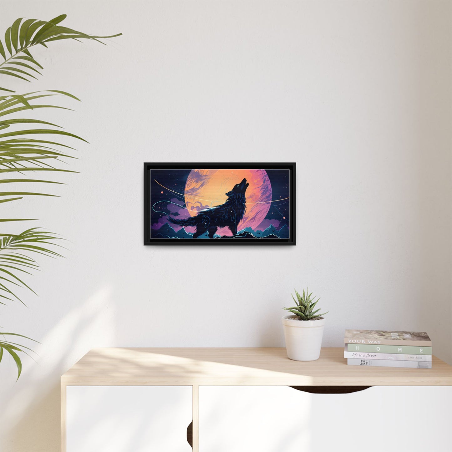 Wolf Howling at the Moon Canvas Art - Colorful Framed Wall Decor