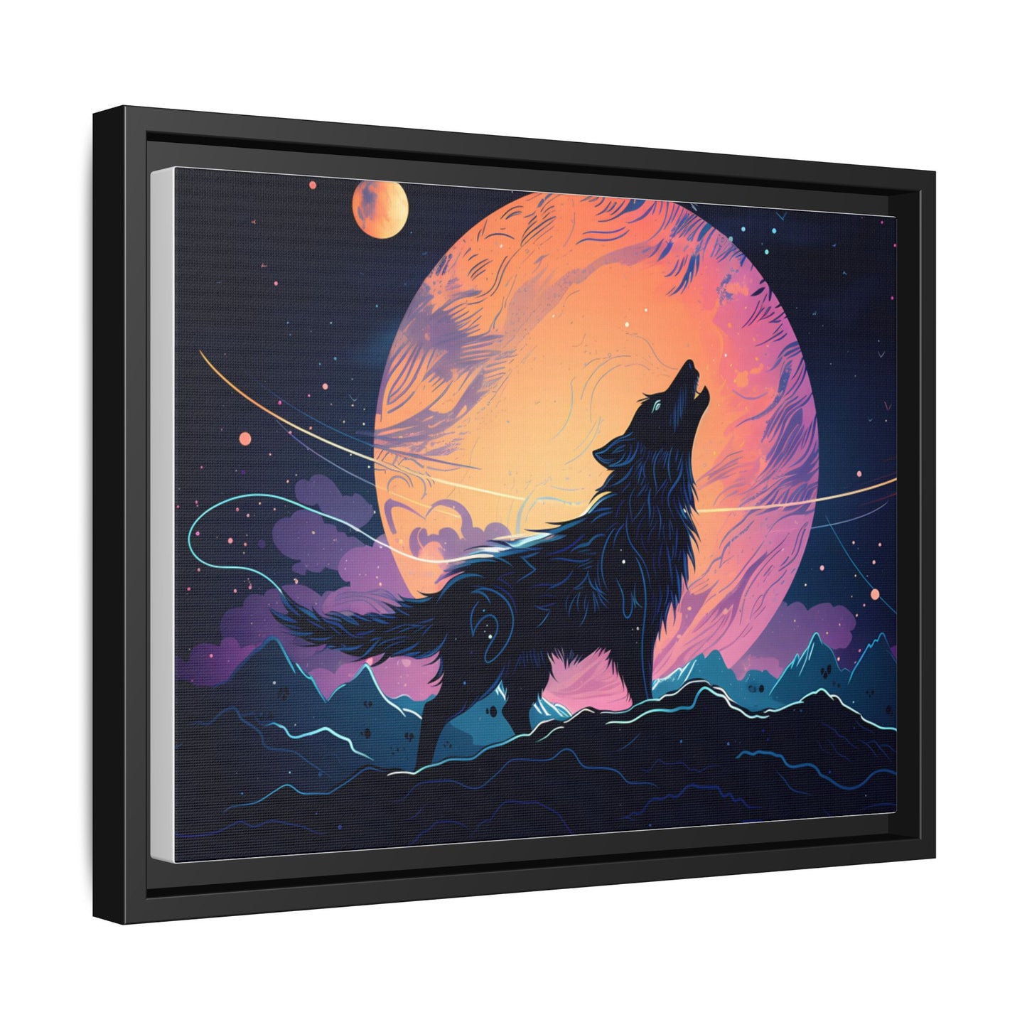 Wolf Howling at the Moon Canvas Art - Colorful Framed Wall Decor