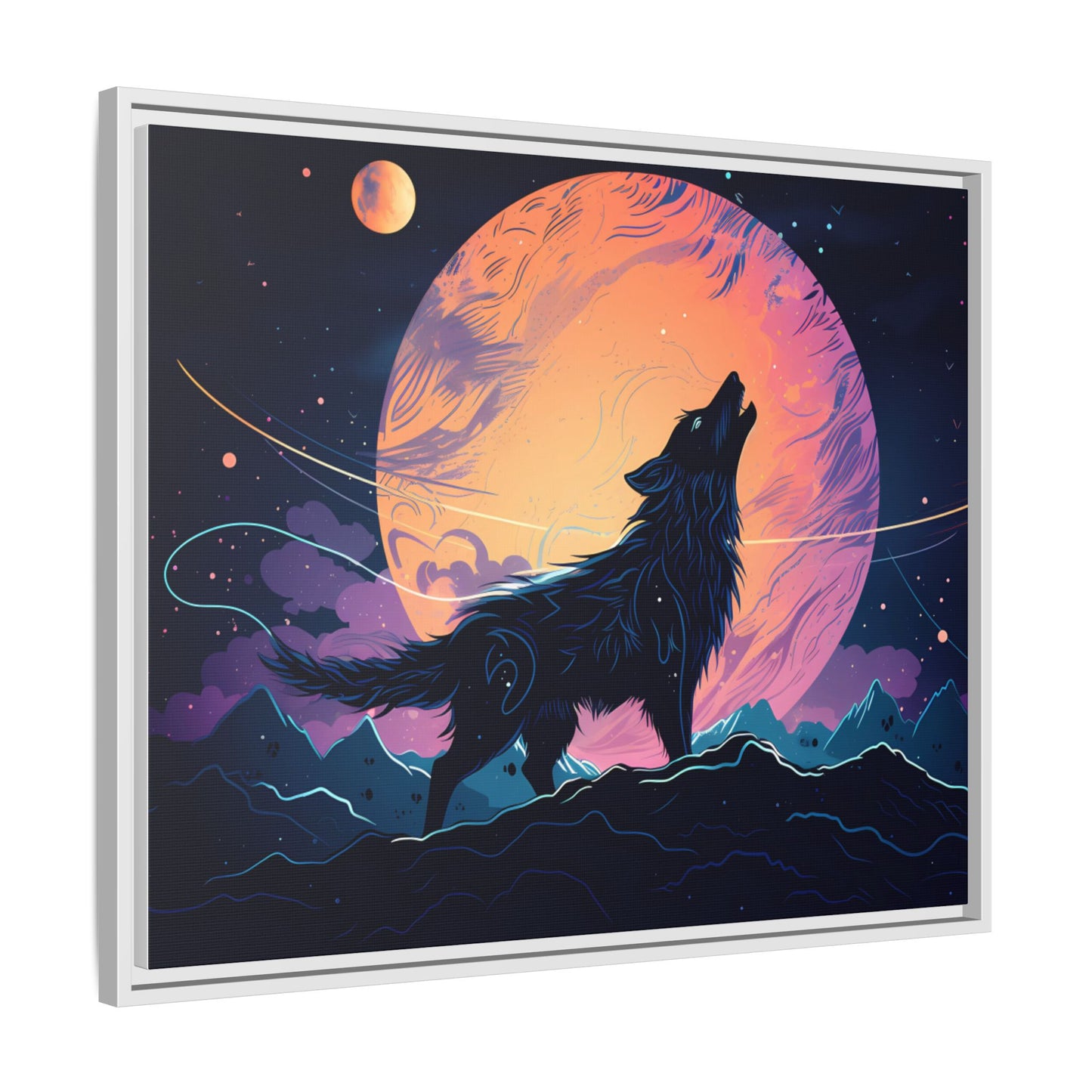 Wolf Howling at the Moon Canvas Art - Colorful Framed Wall Decor