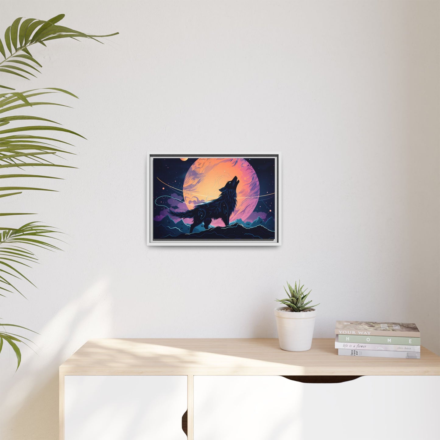 Wolf Howling at the Moon Canvas Art - Colorful Framed Wall Decor