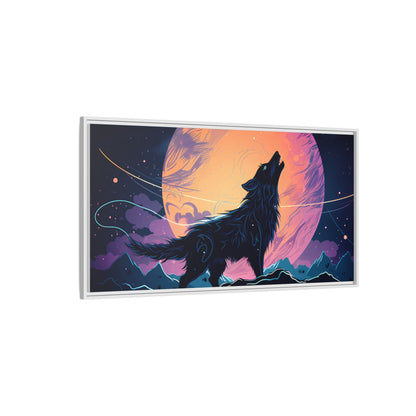 Wolf Howling at the Moon Canvas Art - Colorful Framed Wall Decor