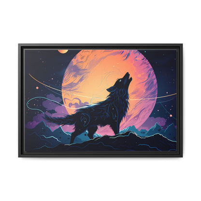 Wolf Howling at the Moon Canvas Art - Colorful Framed Wall Decor