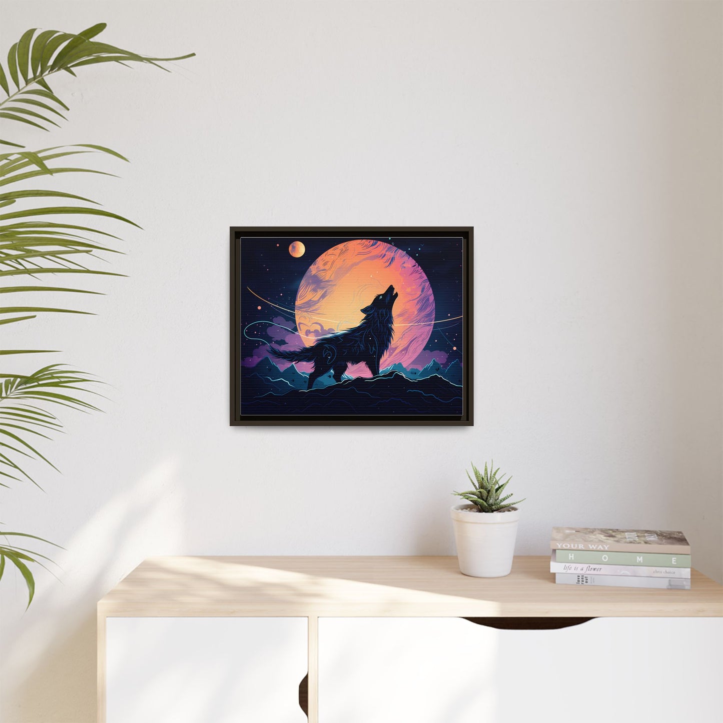 Wolf Howling at the Moon Canvas Art - Colorful Framed Wall Decor