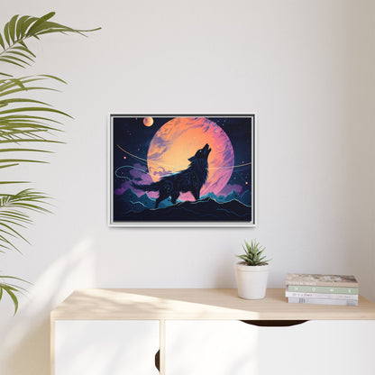 Wolf Howling at the Moon Canvas Art - Colorful Framed Wall Decor