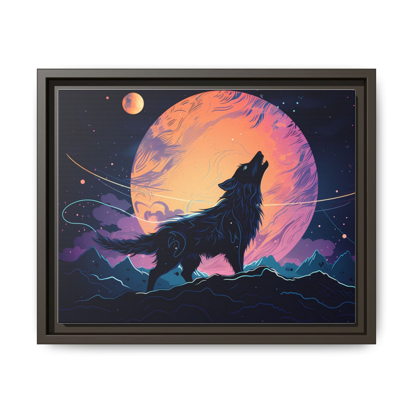 Wolf Howling at the Moon Canvas Art - Colorful Framed Wall Decor