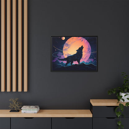 Wolf Howling at the Moon Canvas Art - Colorful Framed Wall Decor