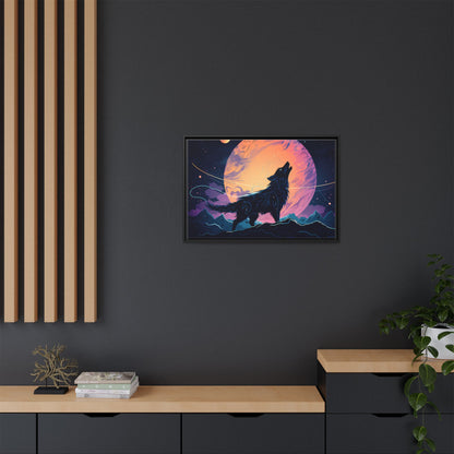 Wolf Howling at the Moon Canvas Art - Colorful Framed Wall Decor