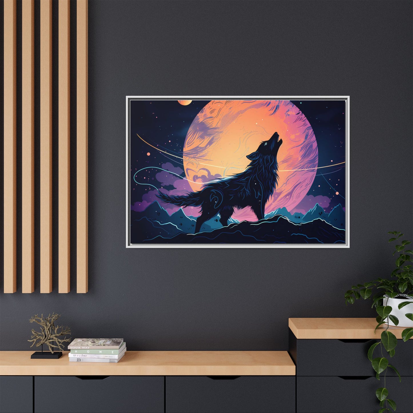 Wolf Howling at the Moon Canvas Art - Colorful Framed Wall Decor