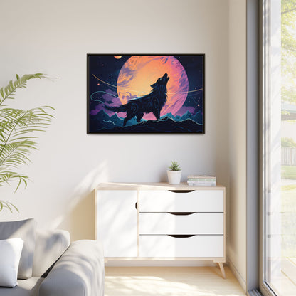 Wolf Howling at the Moon Canvas Art - Colorful Framed Wall Decor