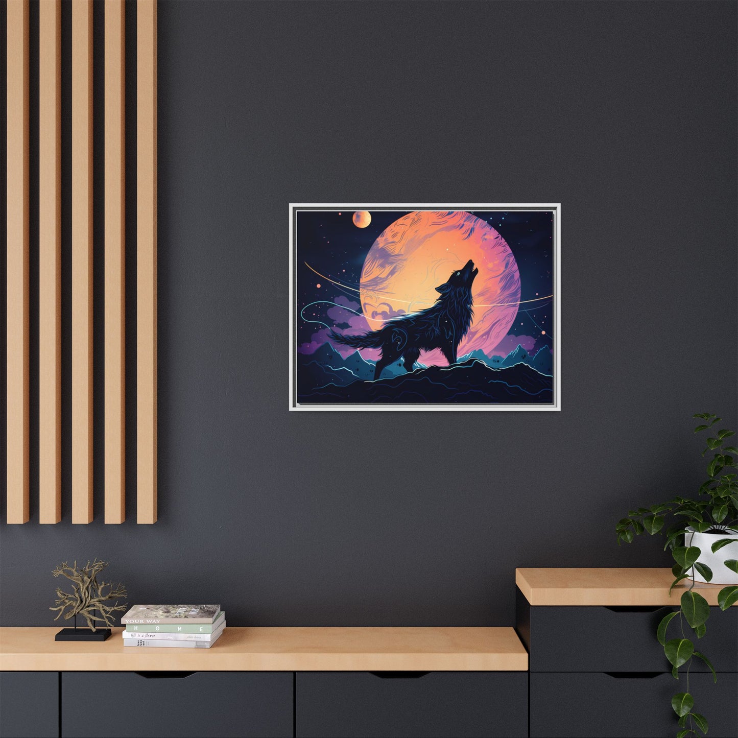 Wolf Howling at the Moon Canvas Art - Colorful Framed Wall Decor