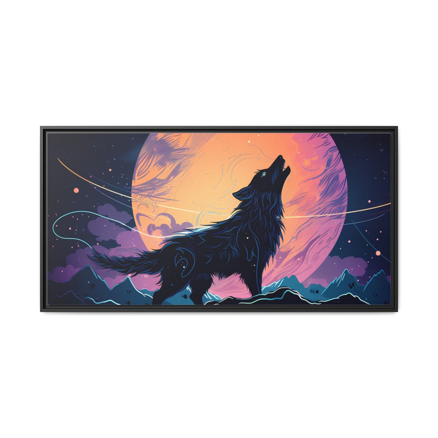 Wolf Howling at the Moon Canvas Art - Colorful Framed Wall Decor