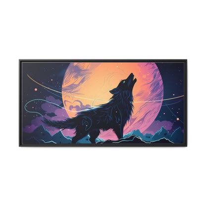 Wolf Howling at the Moon Canvas Art - Colorful Framed Wall Decor