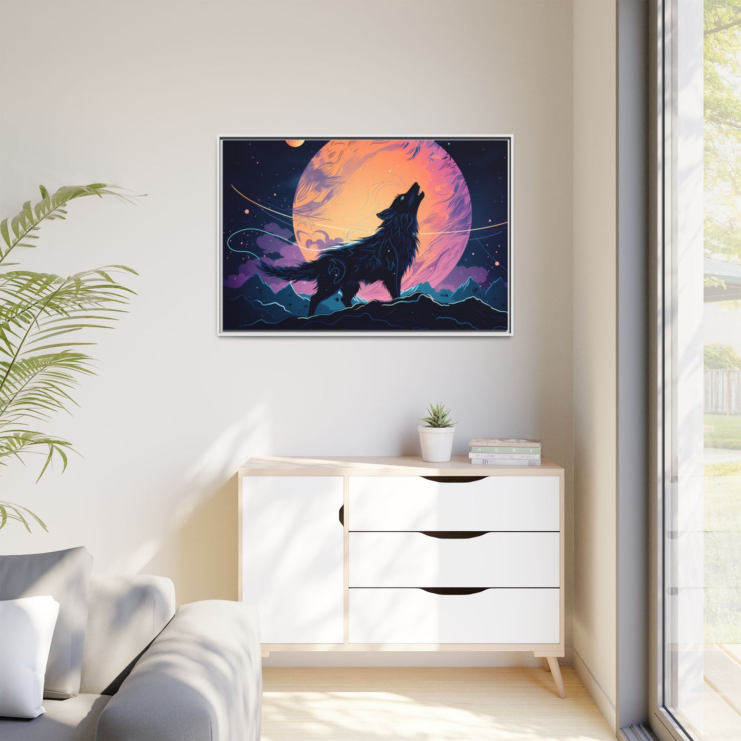 Wolf Howling at the Moon Canvas Art - Colorful Framed Wall Decor