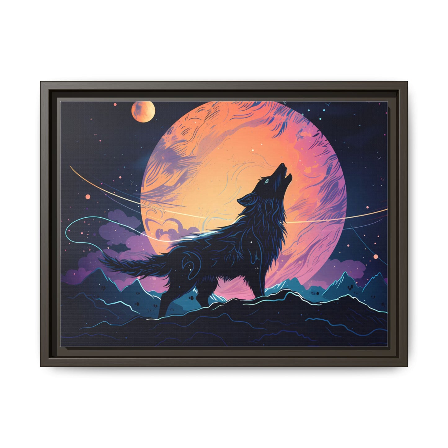 Wolf Howling at the Moon Canvas Art - Colorful Framed Wall Decor