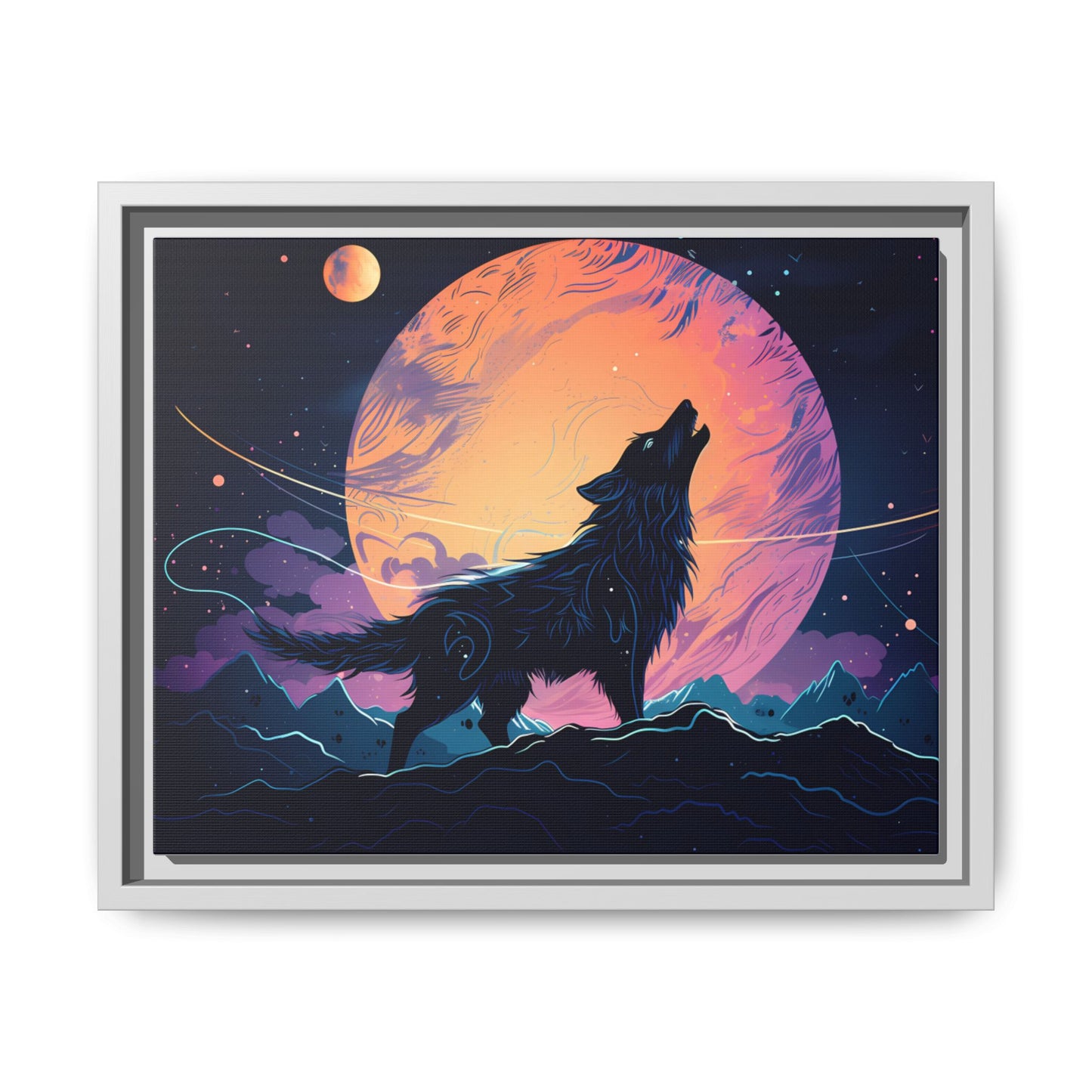 Wolf Howling at the Moon Canvas Art - Colorful Framed Wall Decor