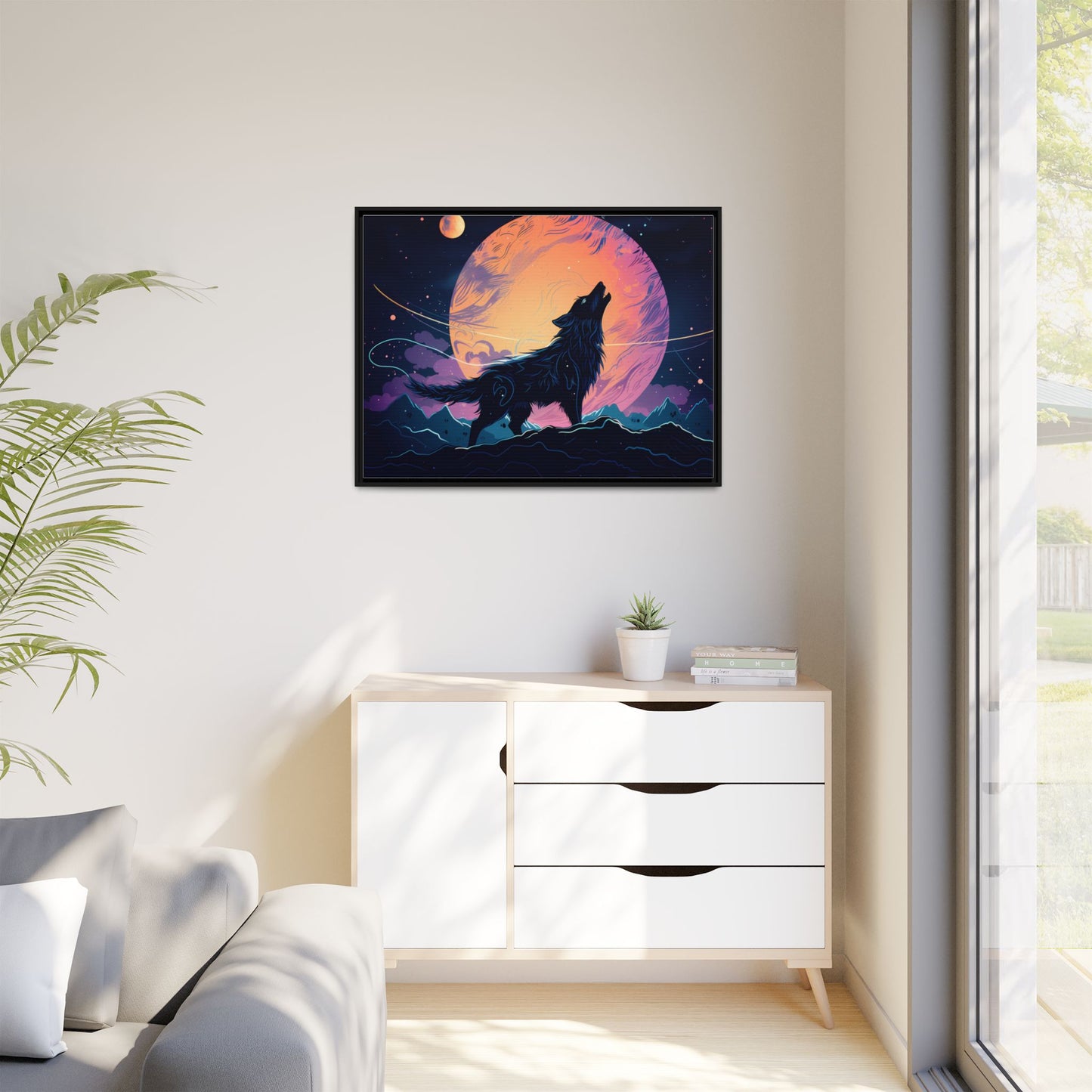 Wolf Howling at the Moon Canvas Art - Colorful Framed Wall Decor