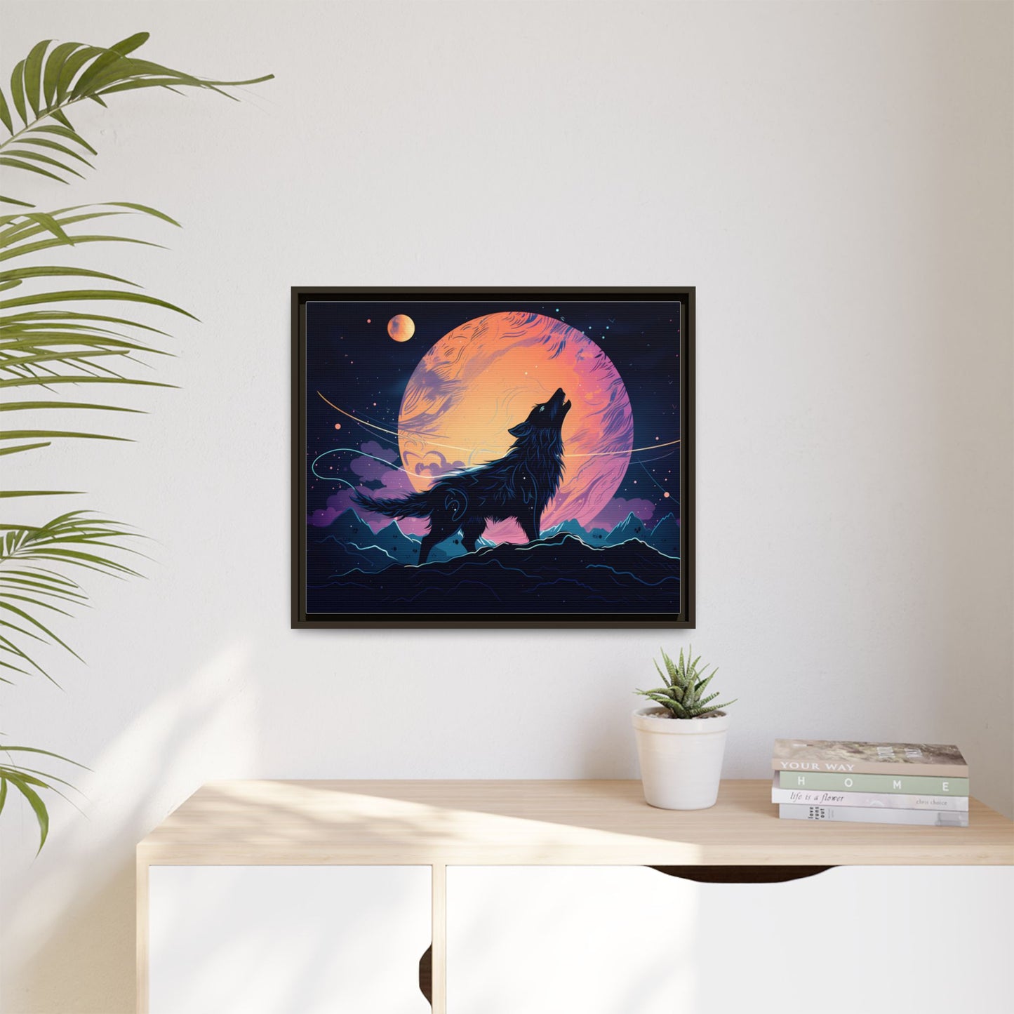 Wolf Howling at the Moon Canvas Art - Colorful Framed Wall Decor