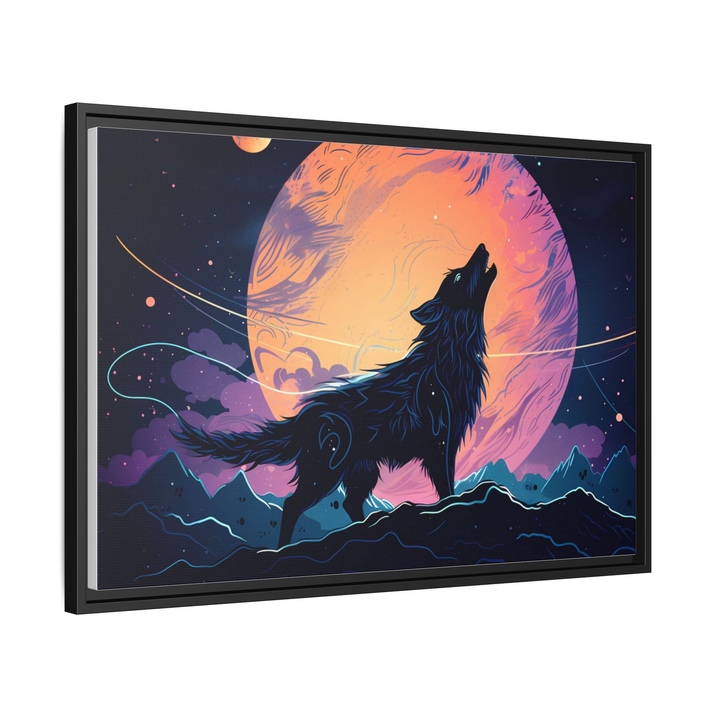 Wolf Howling at the Moon Canvas Art - Colorful Framed Wall Decor