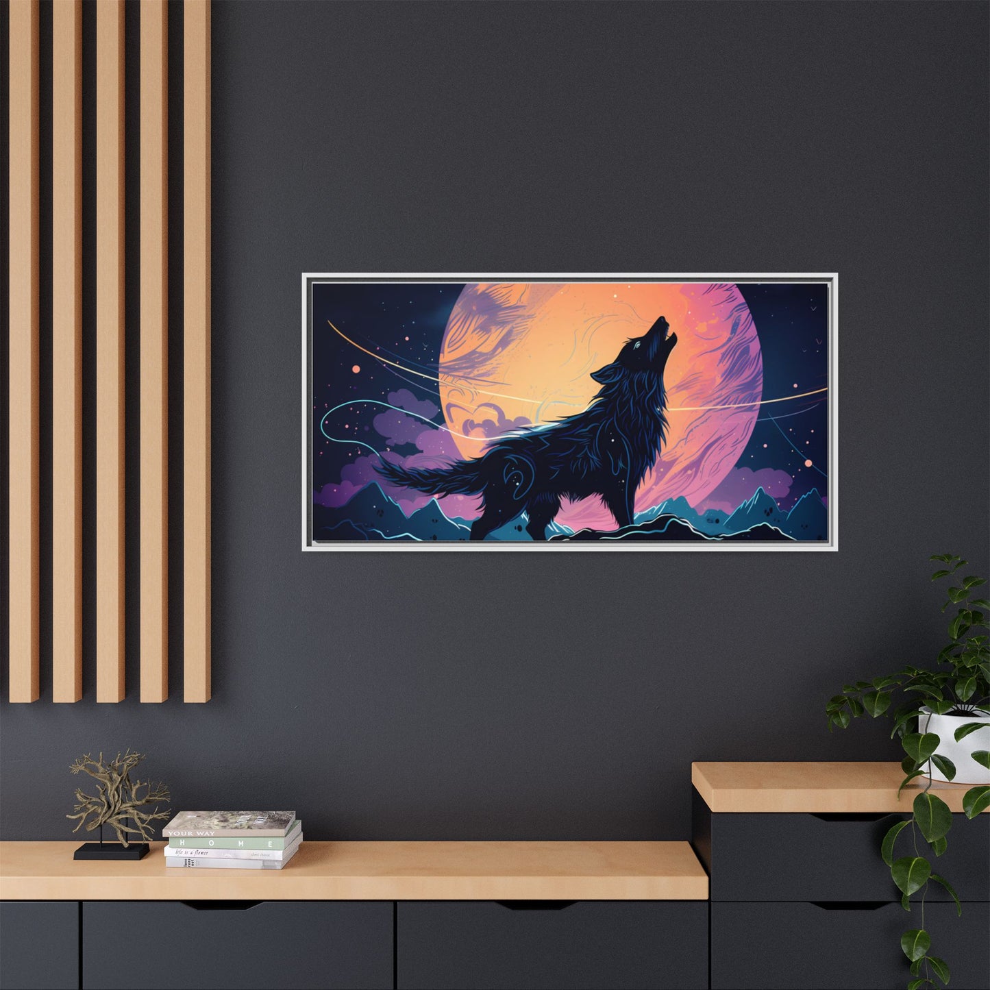 Wolf Howling at the Moon Canvas Art - Colorful Framed Wall Decor