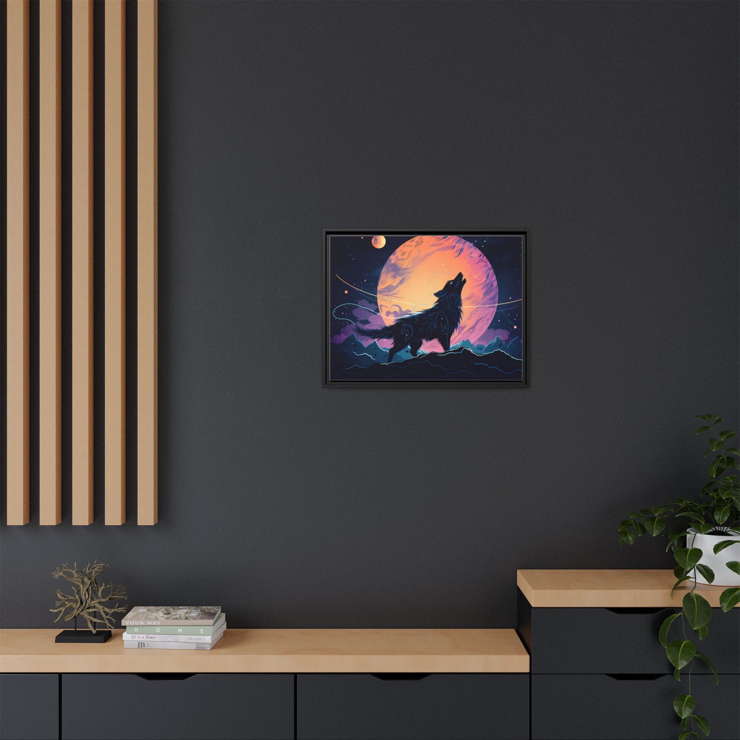 Wolf Howling at the Moon Canvas Art - Colorful Framed Wall Decor