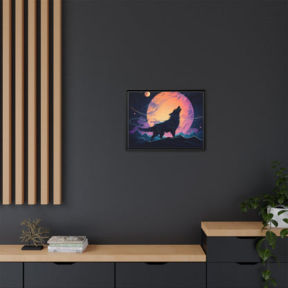 Wolf Howling at the Moon Canvas Art - Colorful Framed Wall Decor