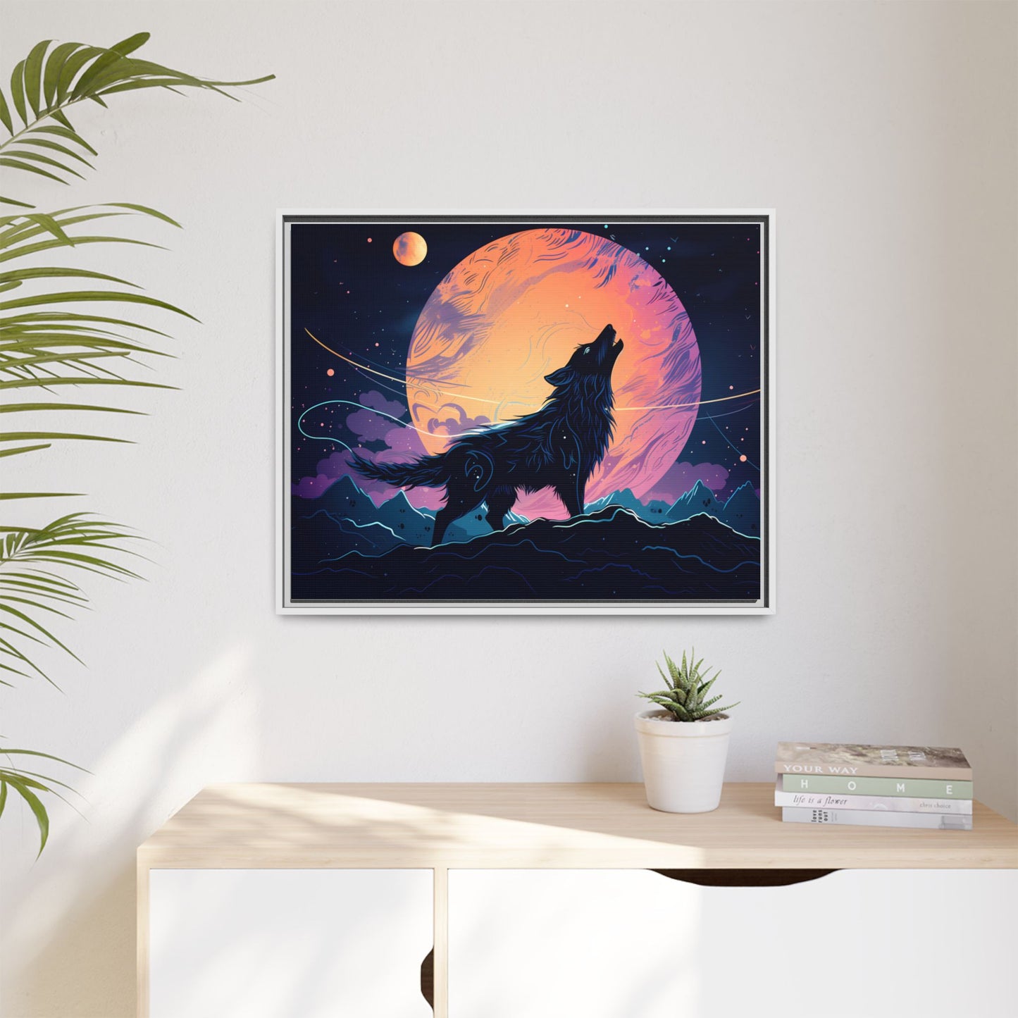 Wolf Howling at the Moon Canvas Art - Colorful Framed Wall Decor