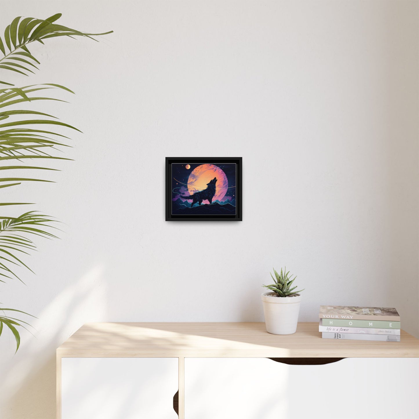 Wolf Howling at the Moon Canvas Art - Colorful Framed Wall Decor