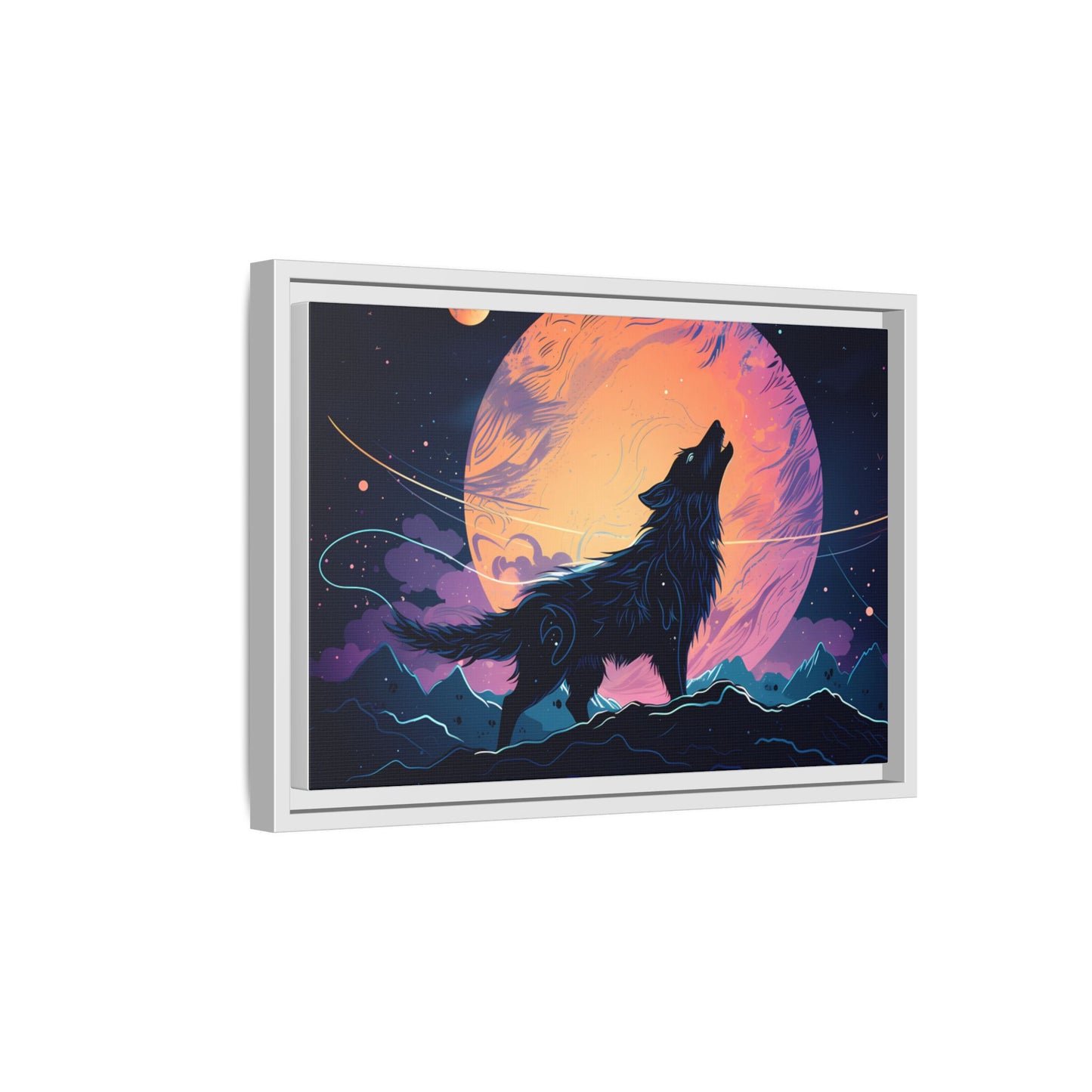 Wolf Howling at the Moon Canvas Art - Colorful Framed Wall Decor