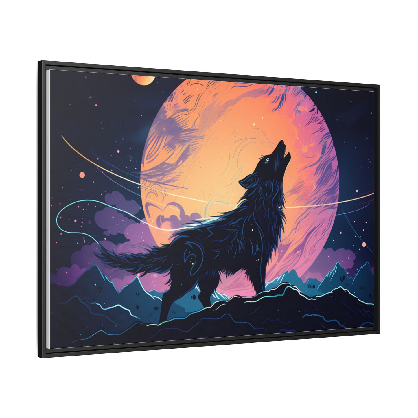 Wolf Howling at the Moon Canvas Art - Colorful Framed Wall Decor