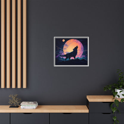 Wolf Howling at the Moon Canvas Art - Colorful Framed Wall Decor