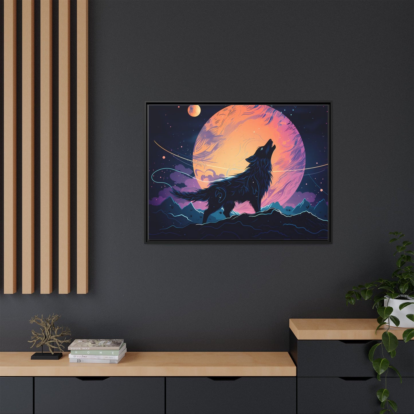 Wolf Howling at the Moon Canvas Art - Colorful Framed Wall Decor