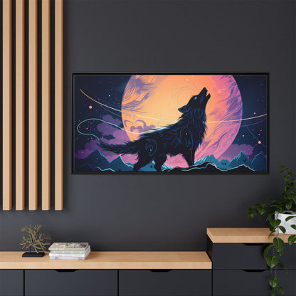 Wolf Howling at the Moon Canvas Art - Colorful Framed Wall Decor