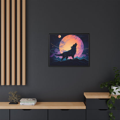 Wolf Howling at the Moon Canvas Art - Colorful Framed Wall Decor