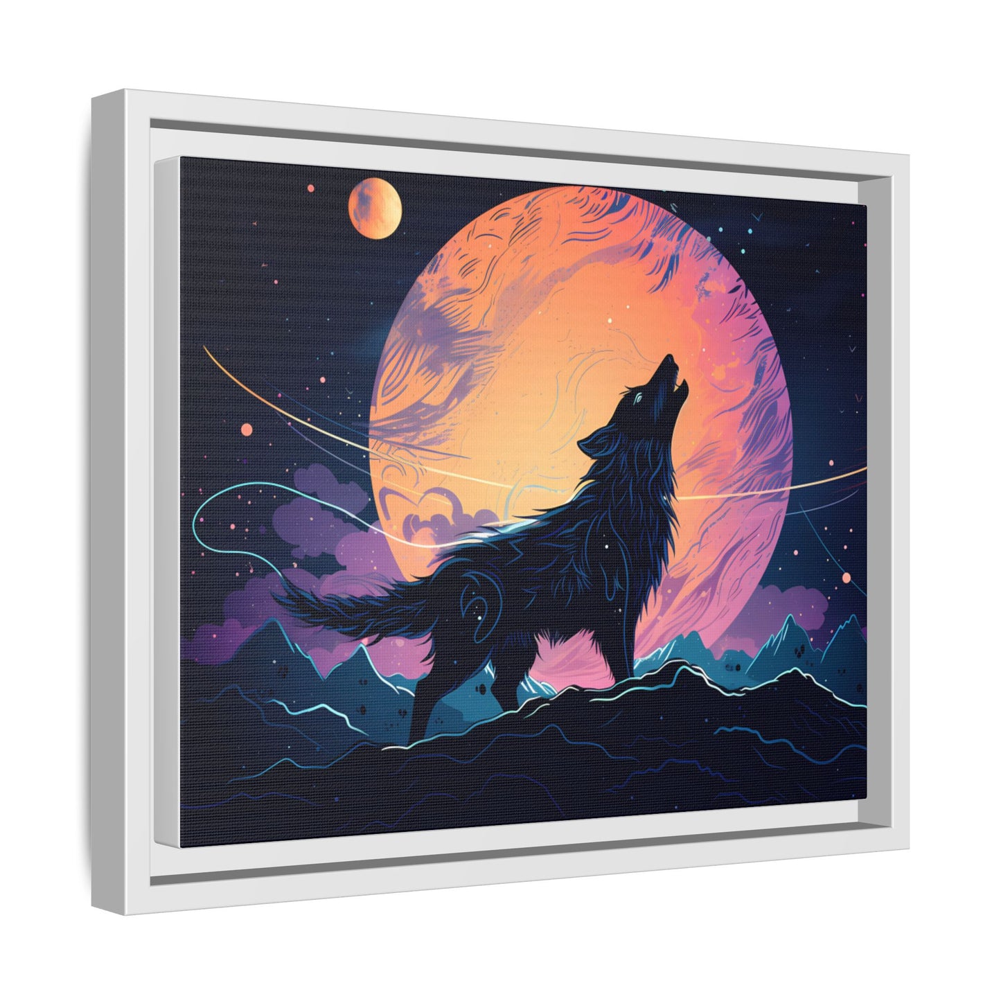 Wolf Howling at the Moon Canvas Art - Colorful Framed Wall Decor