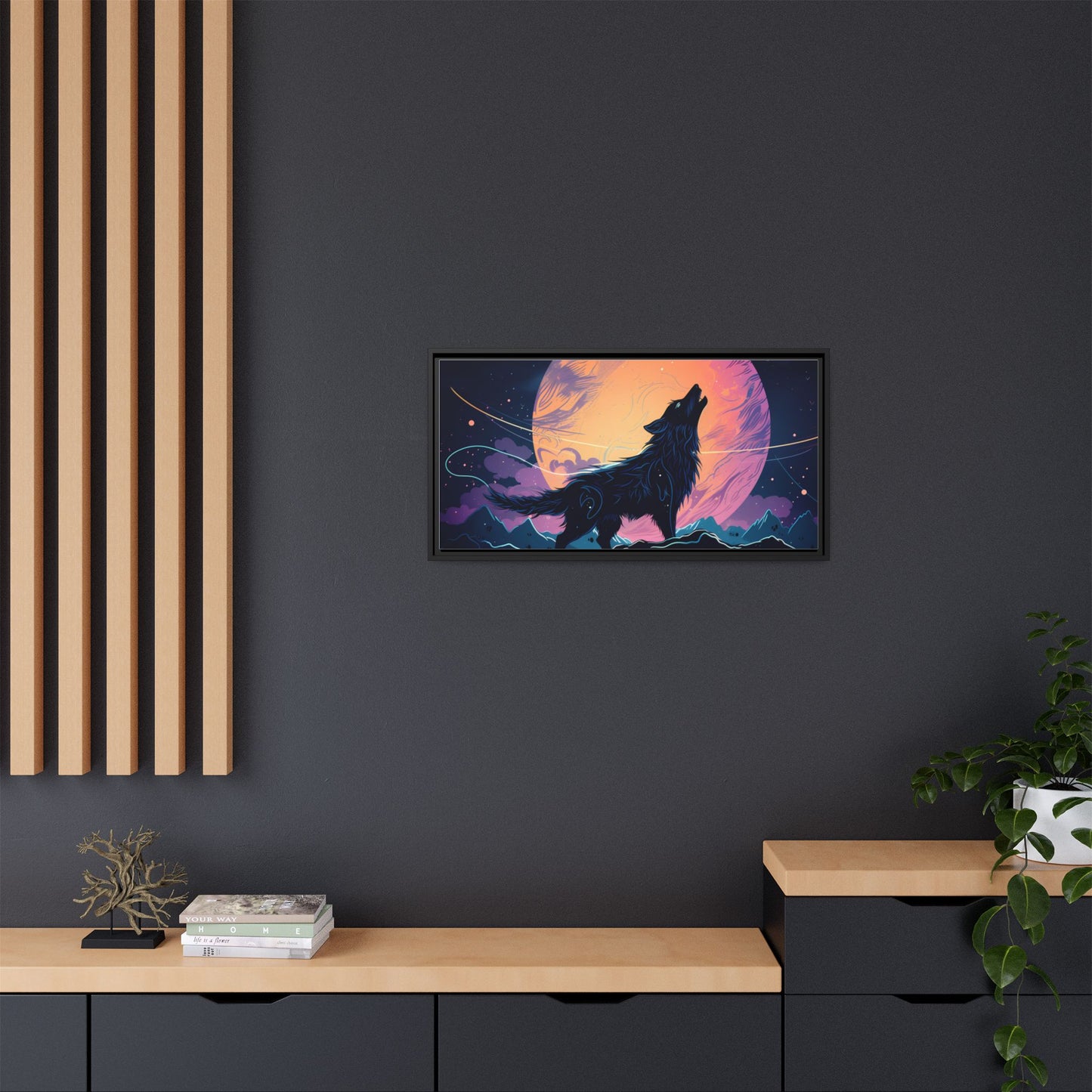 Wolf Howling at the Moon Canvas Art - Colorful Framed Wall Decor